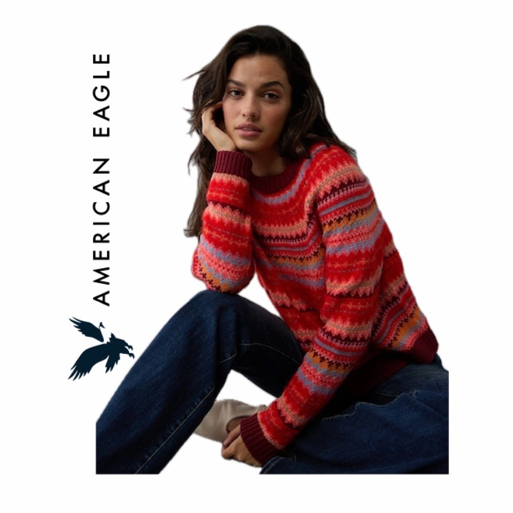 American Eagle AE Festive Knitted Sweater Fair Isle Cotton Blend Maximalism